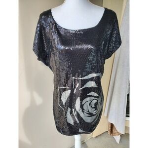 Stargazer Blouse Womens Medium Black Gray Sequin‎ Rose Shiny Elegant Casual Top